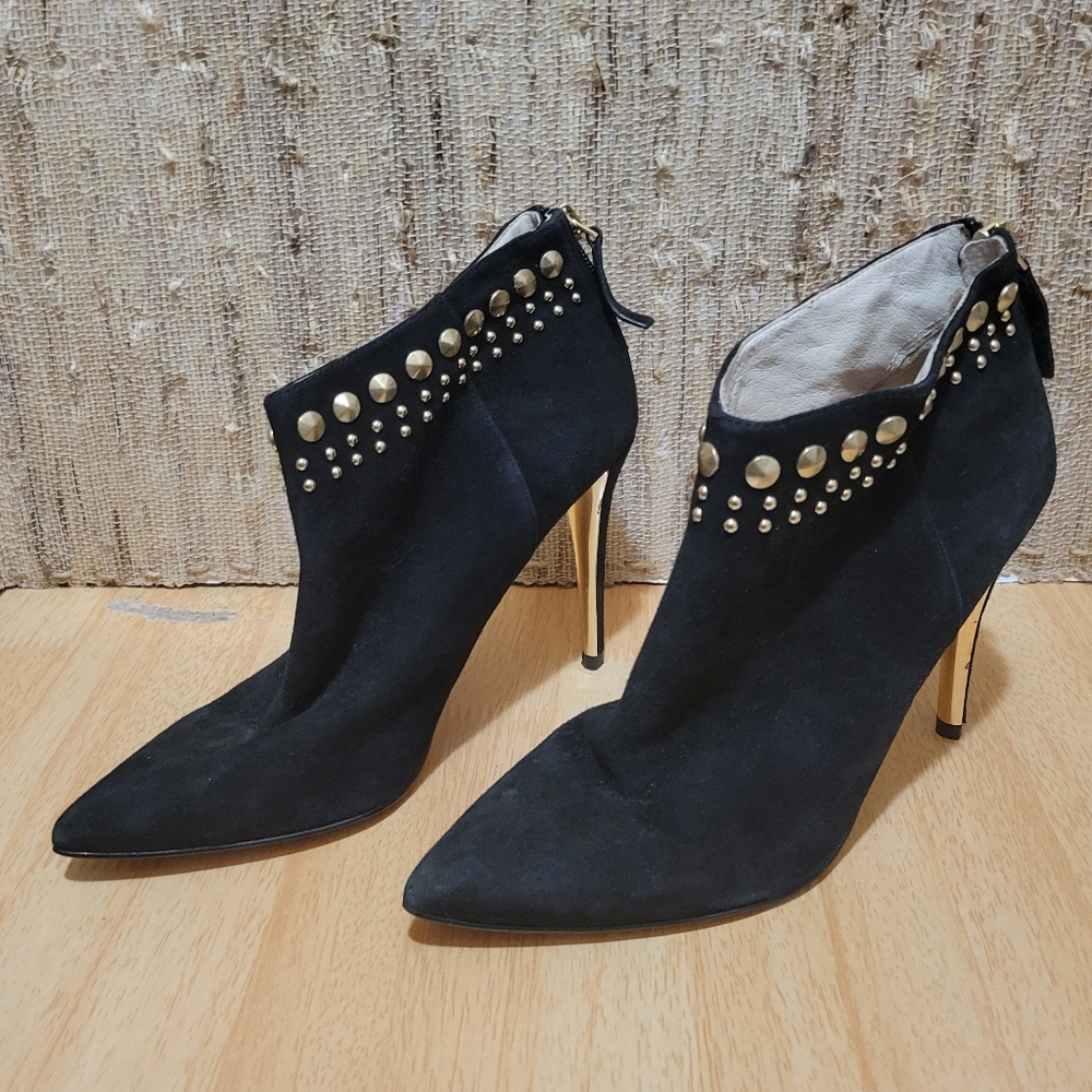 JOAN & DAVID Black Gold Studded Slim Heels Booties Women's  7.5 M